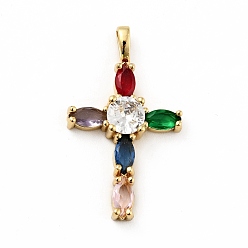Colorful Rack Plating Brass Micro Pave Cubic Zirconia Pendants, Long-Lasting Plated, Lead Free & Cadmium Free, Cross, Real 18K Gold Plated, Religion, Colorful, 28.5x17x5mm, Hole: 2.5x4mm
