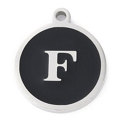 Letter F 201 подвески из нержавеющей стали, с черной эмалью, цвет нержавеющей стали, плоские круглые с буквы, Буква F, 18.5x15.5x2 мм, отверстие : 1.6 мм