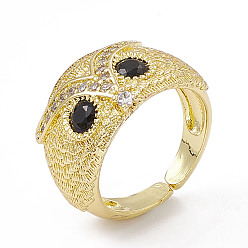 Black Cubic Zirconia Owl Open Cuff Rings, Golden Brass Jewelry for Women, Black, US Size 6 1/2(16.9mm)