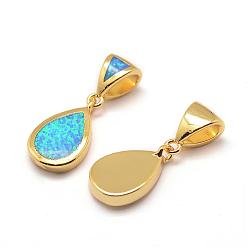 Golden Brass Charms, with Synthetic Opal, teardrop, Cyan, Golden, 15.5x9x2.5mm, Hole: 3mm
