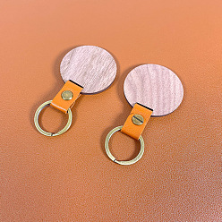 Sandy Brown DIY Unfinshed Wooden Keychains, with Imitation Leather Findings, Flat Round, Sandy Brown, 7.6x5cm