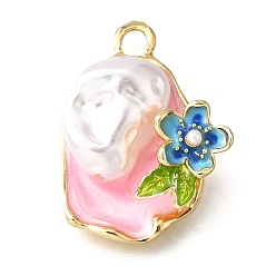 Бледно-Розовый Подвески из эмали и сплава, с ABS имитации жемчуга, овальные с цветком, стойки покрытие, долговечный, без свинца, без кадмии и без никеля, золотые, розовый жемчуг, 26.5x20.5x8.5 мм, отверстие : 3 мм