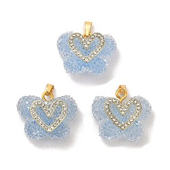 Cornflower Blue Butterfly with Heart Shape Resin & Rhinestone Pendant, with Rack Plating Golden Brass Findings, Long-Lasting Plated, Cornflower Blue, 21x24x10mm, Hole: 6x3mm
