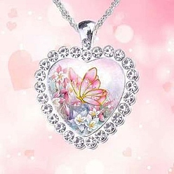 Pearl Pink Heart Glass Pendant Necklaces with Rhinestone, with Platinum Alloy Chains, Pearl Pink, Pendant: 23x25mm
