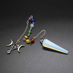 Opalite Opalite Dowsing Pendulums, with Alloy Triple Moon Pentacle & Gemstone Beads & Brass Chain, Hexagonal Cone Pendant, 200mm