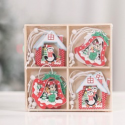 Mixed Color Christmas Wooden Box Set Pendant Decoration, for Christmas Tree Hanging Ornaments, House & Bell, Mixed Shapes, 60mm, 12pcs/set