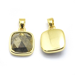 Pyrite Natural Pyrite Pendants, with Golden Tone Brass Findings, Square, Faceted, 13x11x5mm, Hole: 3.5x5.5mm