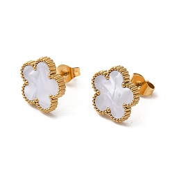 White Flower Golden 304 Stainless Steel Stud Earrings, with Resin, White, 13x13mm