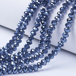 Marine Blue Electroplate Glass Beads Strands, Pearl Luster Plated, Faceted, Rondelle, Marine Blue, 10x8mm, Hole: 1mm, about 65~66pcs/strand, 20.8~21.2 inch(53~54cm)