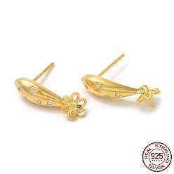 Real 18K Gold Plated Flower 925 Sterling Silver Micro Pave Cubic Zirconia Stud Earring Findings, for Half Drilled Beads, with S925 Stamp, Real 18K Gold Plated, 19x5.5mm, Pin: 0.9mm and 11x0.9mm