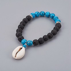 Synthetic Turquoise Cowrie Shell Charm Stretch Bracelets, with Synthetic Turquoise(Dyed) & Lava Rock Beads and Tibetan Style Alloy Spacers Beads, 2-1/4 inch(5.6cm)