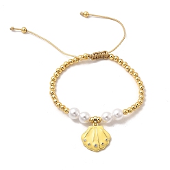 Желтый Латунные браслеты с подвесками из микрофибры и кубического циркония, Браслеты из плетеных бусин из латуни и АБС-пластика с имитацией жемчуга, формы раковины, долговечный, без кадмия и без свинца, реальный 18 k позолоченный, желтые, внутренний диаметр: 2-1/8~3-1/2 дюйм (5.5~9 см)
