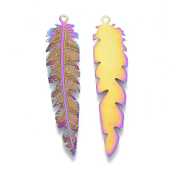 Rainbow Color Ion Plating(IP) 304 Stainless Steel Filigree Pendants, Etched Metal Embellishments, Leaf, Rainbow Color, 41.5x9x0.4mm, Hole: 1.2mm