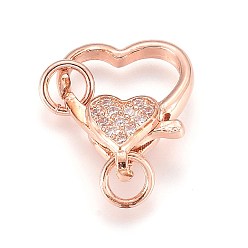 Real Rose Gold Plated Brass Micro Pave Cubic Zirconia Lobster Claw Clasps, Heart, Clear, Real Rose Gold Plated, 15x12.5x4.5mm, Hole: 3mm, Ring: 5x0.9mm