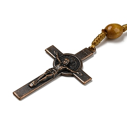 Dark Goldenrod Alloy Religion Crucifix Cross Pendant Necklaces, Wood Beaded Necklace, Dark Goldenrod, 24-3/4 inch(63cm)