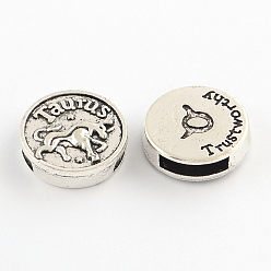 Taurus Antique Silver Plated Tibetan Style Flat Round Alloy Slide Charms, with Constellation/Zodiac Sign, Cadmium Free & Lead Free, Taurus, 17~18x5mm, Hole: 11x3mm, about 282pcs/1000g