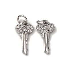 Платина Латунные микропаве прозрачные кубические циркониевые подвески, ключ в форме сердца, с целью перехода в кольце, стойки покрытие, долговечный, без свинца и кадмия с соединительным кольцом, стойки покрытие, долговечный, без свинца и без кадмия, платина, 15.5x8x1.5 мм, отверстие : 3.5 мм