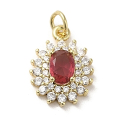 Indian Red Brass Micro Pave Cubic Zirconia Pendants, with Glass, with Jump Ring, Real 18K Gold Plated, Flower, Indian Red, 17x12.5x5mm, Hole: 3.2mm