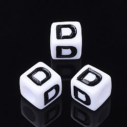Letter D Letter Acrylic Beads, Cube, White, Letter D, Size: about 7mm wide, 7mm long, 7mm high, hole: 3.5mm, about 2000pcs/500g
