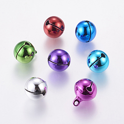 Colorful Brass Bell Pendants, Christmas Bauble, Round, Mixed Color, Size: about 14mm in diameter, 18mm long, hole: 2mm