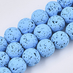 Bleu Ciel Clair Brins de perles de pierre de lave naturelle peintes à la bombe, ronde, lumière bleu ciel, 8~9mm, Trou: 0.7mm, Environ 47~48 pcs/chapelet, 15.75 pouce (40 cm)