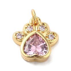 Pearl Pink Rack Plating Brass Pave Cubic Zirconia Charms, with Glass & Jump Ring, Lead Free & Cadmium Free, Real 18K Gold Plated, Long-Lasting Plated, Cat's Paw Print Charm, Pearl Pink, 14x13x4mm, Hole: 3.4mm