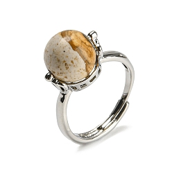 Пейзажный Джаспер Круглые регулируемые кольца из натуральной яшмы, платиновое латунное кольцо, размер США 7 1/4 (17.5 мм)