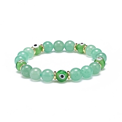 Green Aventurine Natural Green Aventurine & Lampwork Evil Eye Round Beaded Stretch Bracelet, Gemstone Jewelry for Women, Inner Diameter: 2 inch(5.1cm)