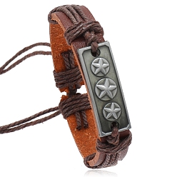 Coconut Brown Alloy Star Link Bracelet, Imitation Leather Adjustable Bracelet with Jute Cords, Coconut Brown, Inner Diameter: 2-1/8~3 inch(5.5~7.5cm)