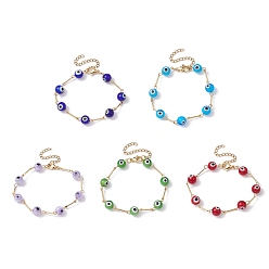Mixed Color Lampwork Evil Eye Link Chain Bracelets, with Golden Brass Bar Link Chains, Mixed Color, 7 inch(17.8cm)