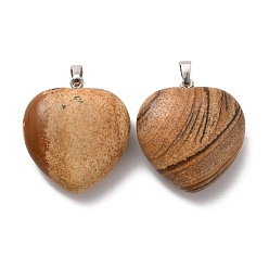 Picture Jasper Natural Picture Jasper Pendants, Heart Charms, with Rack Plating Platinum Tone Brass Snap on Bails, 32~33x30~31x12~13mm, Hole: 5x8mm
