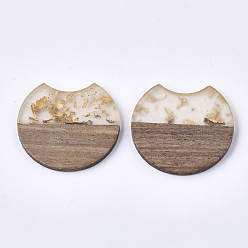 Gold Resin & Walnut Wood Pendants, with Gold Foil, Gap Flat Round, Gold, 33~34x37x3~4mm, Hole: 1.8~2mm