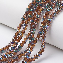 Chocolate Electroplate Transparent Glass Beads Strands, Half Multi-color Plated, Faceted, Rondelle, Chocolate, 3x2mm, Hole: 0.8mm, about 150~155pcs/strand, 15~16 inch(38~40cm)