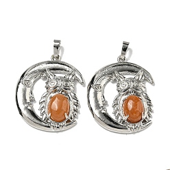 Красный Авантюрин Натуральный красный авантюрин подвески, Подвески в виде совы со стойкой, латунь, луна, платина, без кадмия и без свинца, 38.5x31.5x8 мм, отверстие : 8x5 мм