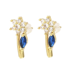 Blue Flower Real 18K Gold Plated Brass Stud Earrings, with Clear Cubic Zirconia, Long-Lasting Plated, Lead Free & Cadmium Free, Blue, 15x6.5mm