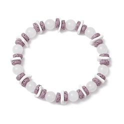 Белый Нефрит Круглые бусины из натурального белого нефрита, эластичные браслеты, с бусинами из натуральной лавовой крошки, внутренний диаметр: 2 дюйм (5.2 см)