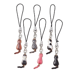 Mixed Color Cat Alloy Enamel Mobile Straps, Nylon Cord Mobile Accessories Decoration, Mixed Color, 10.4cm, 6pcs/set