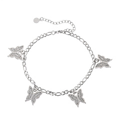 Stainless Steel Color Glass Butterfly Charm Anklet with Stainless Steel Figaro Chains, Stainless Steel Color, 8-1/2 inch(21.5cm)