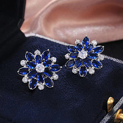 Dark Blue Brass Micro Pave Cubic Zirconia Stud Earrings, Flower, Dark Blue, 20mm