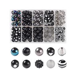 Black 160Pcs 10 Style Opaque & Transparent, Resin Rhinestone, Imitation Pearl and Solid Color Chewing Gum Acrylic Beads, Gumball Beads, Round, Black, 16pcs/style