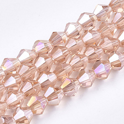 Pink Electroplate Glass Beads Strands, AB Color Plated, Faceted, Bicone, Pink, 6x5.5~6mm, Hole: 1mm, about 47~48pcs/strand, 10.83 inch(27.5cm)