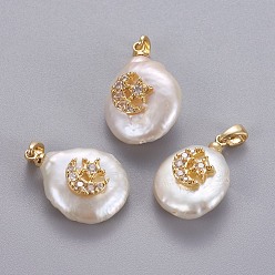 Clear Natural Cultured Freshwater Pearl Pendants, with Brass Micro Pave Cubic Zirconia Findings, Nuggets with Star & Moon, Long-Lasting Plated, Golden, Clear, 17~27x12~16x6~12mm, Hole: 4x2.5mm