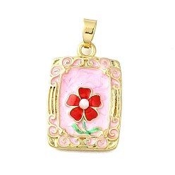 Pink Латунь эмаль подвески, с ABS имитации жемчуга, Прямоугольник с цветком, без кадмия и без свинца, долговечный, стойки покрытие, реальный 18 k позолоченный, розовые, 28x19x5 мм, отверстие : 6x3 мм