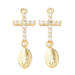 Настоящее золото 18K Латунные микропаве прозрачные подвески с фианитом, стойки покрытие, долговечный, без свинца и без кадмия, крест и овал с девой марией, реальный 18 k позолоченный, 31.5x11x3 мм, отверстие : 1.8 мм