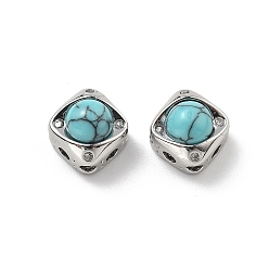 Платина Латунные многорядные звенья с ромбом цвета синтетической бирюзы, с четким кубического циркония, платина, 9x9x7.5 мм, отверстие : 1.8 мм