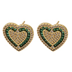 Темно-Зеленый Серьги-гвоздики в форме сердца из латуни с фианитом и кубическим цирконием, долговечный, стойки покрытие, золотые, темно-зеленый, 15.5x16 мм