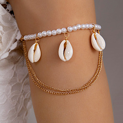 Doré  Bracelet de bras en perles de plastique, bracelet de bras avec breloques en coquillages naturels, or, diamètre intérieur: 3 pouce (7.5 cm)