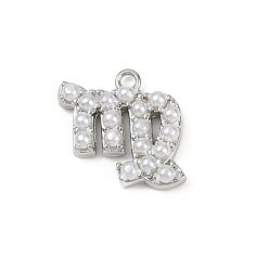 Платина Латунь прелести, с абс пластмассовой имитационной жемчужиной, долговечный, без кадмия и без свинца, стойки покрытие, Дева, платина, 13.5x13.5x3.5 мм, отверстие : 1.2 мм