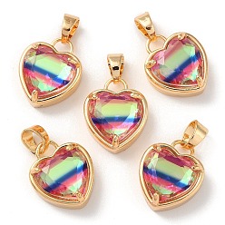 Colorful K9 Glass Pendants, with Golden Tone Brass Findings, Faceted, Heart Charms, Colorful, 18x15x7.7mm, Hole: 5x3mm