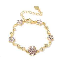 Сливовый Браслеты-цепочки с цветами и листьями из латуни с микропаве из кубических цирконий для женщин, стойки покрытие, долговечный, без кадмия и без свинца, реальный 18 k позолоченный, слива, 5-5/8 дюйм (14.2 см)